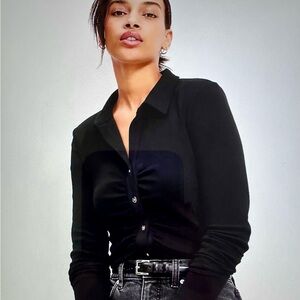 NWT LOFT Black Button Down Ruched Shirt